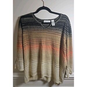 Alfred Dunner XL Brown Rust Beige‎ Gold Stretch 3/4 Sl Pullover Cotton Rayon Top